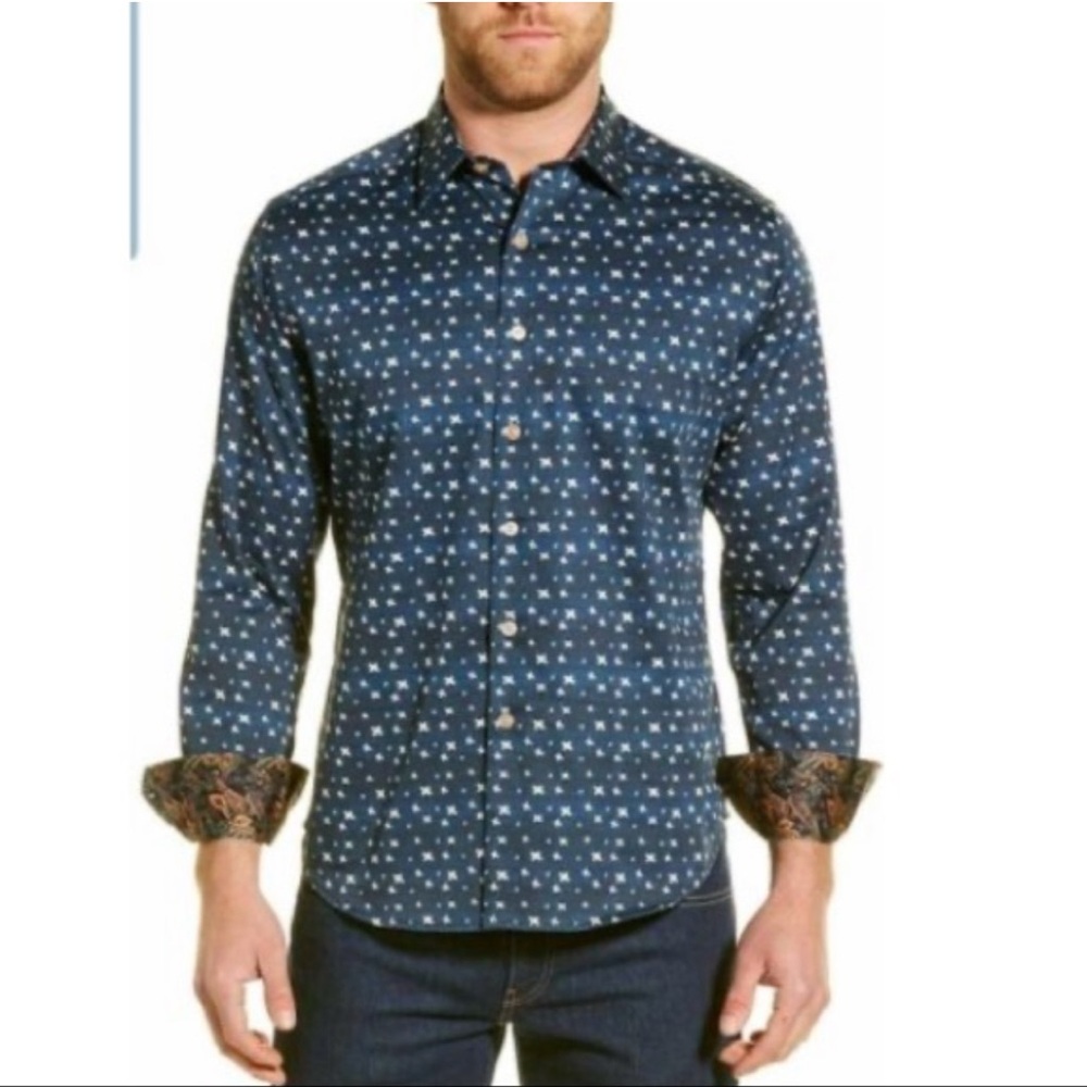 Robert Graham Tesoro Button Up Shirt Navy Paisley Check Print Flip Cuffs Medium